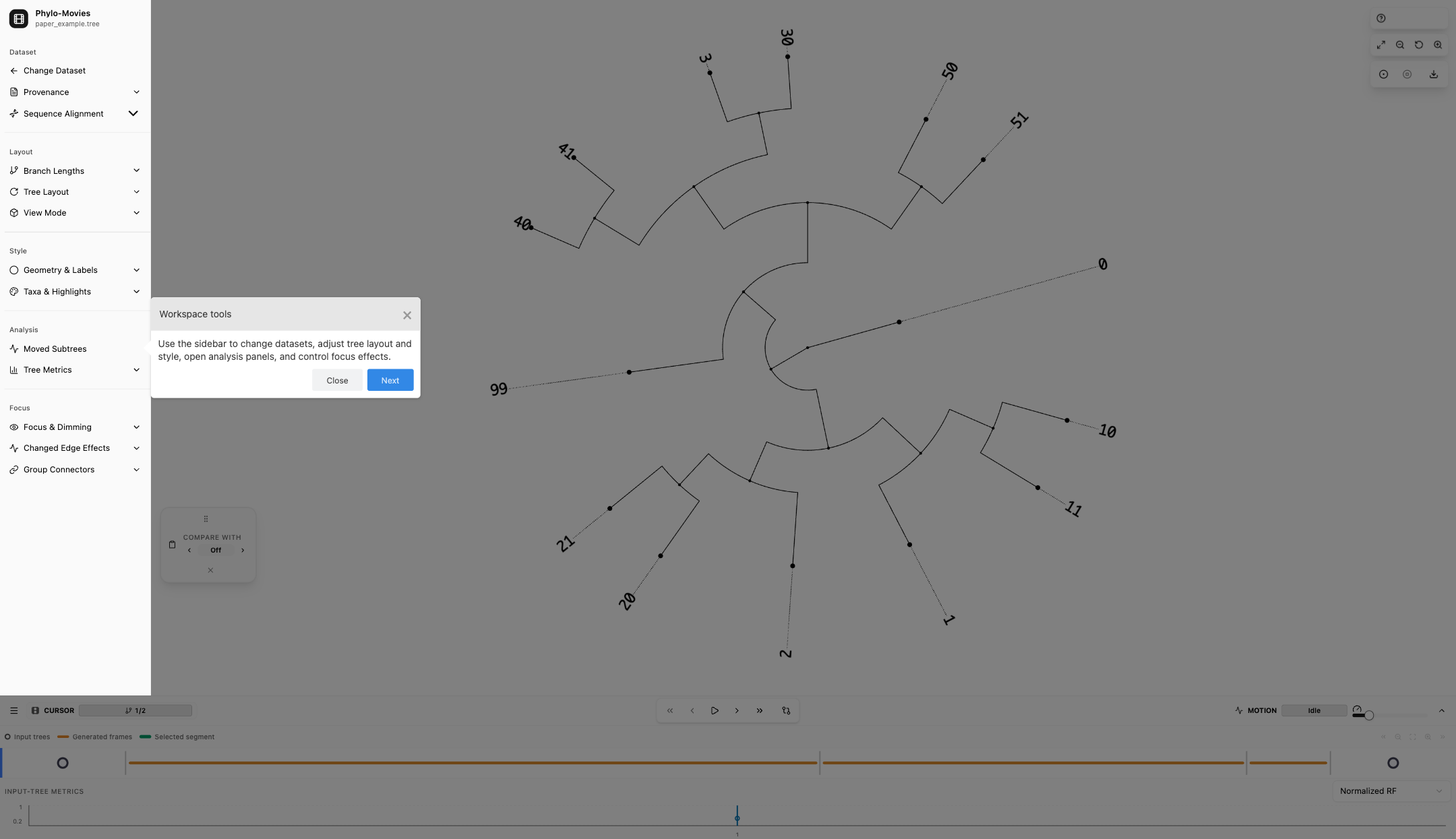 Workspace tour overlay highlighting the Phylo-Movies sidebar